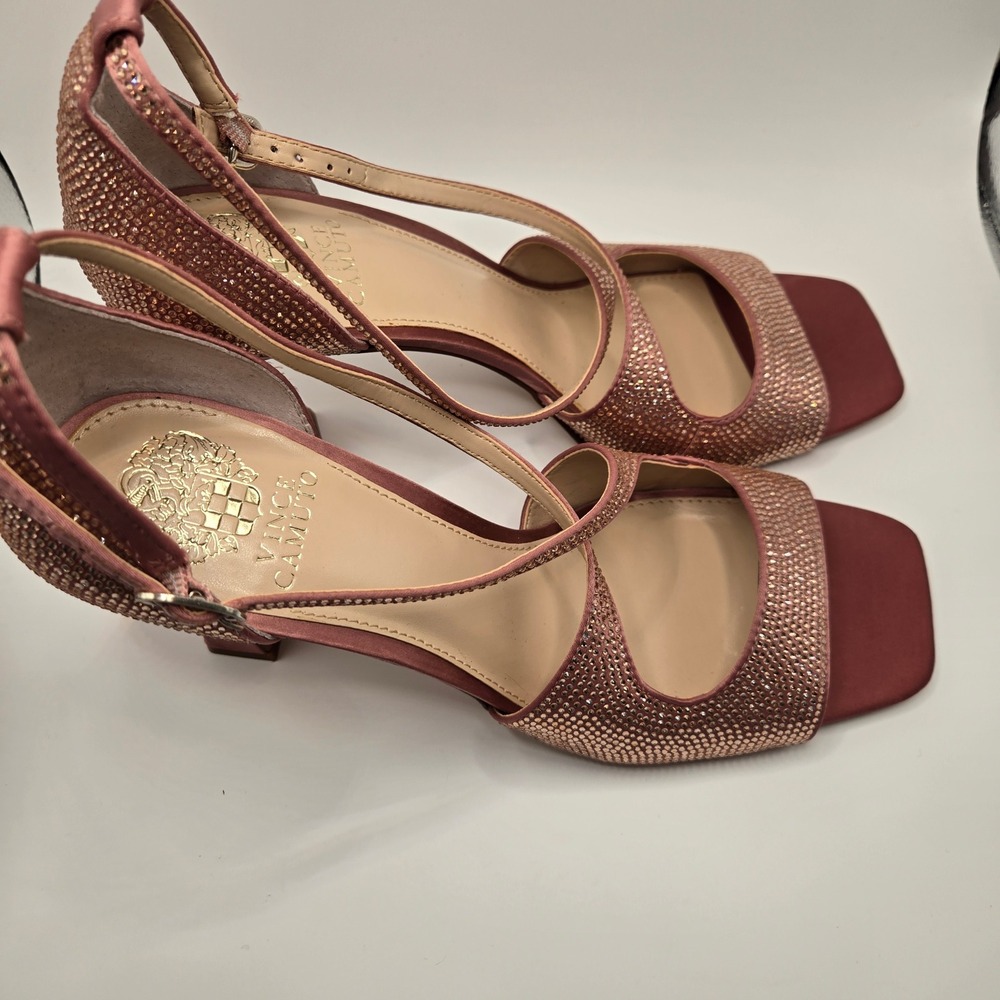 Vince Camuto Pink Rhinestone satin heels Womens 11M Flared Heel ankle strap(S10) - Picture 7 of 13